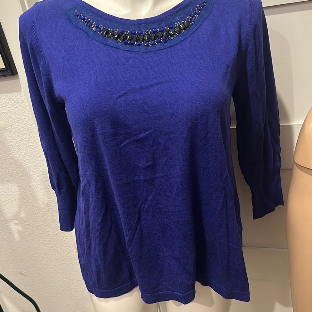 Worthington Blue Embellished 3/4 Sleeve Sweater Size PL